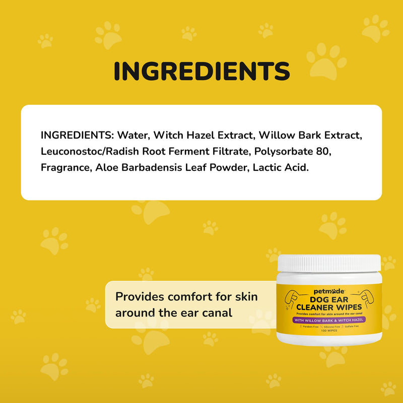 Dog Ear Cleaner Wipes - Cleaning Wipes for Puppies - Dirty, Smelly & Itchy Ears - Non-Irritating Removal of Buildup, Dirt & Wax- with Witch Hazel, Willow Bark, Aloe Vera & More - 100 Count