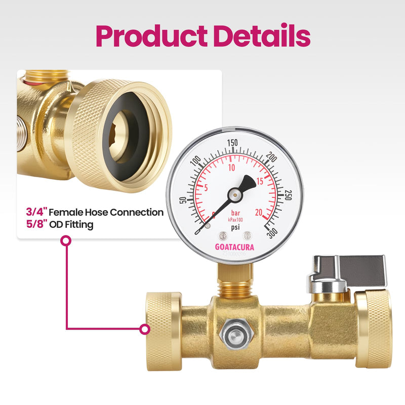 0-300psi Air Over Water Test Kit, 2” Dial Size, 1/4" NPT Lower Mount, with 3/4” Female Hose Tee Connection for Leak Detection and Pressure Testing,3-2-3% Accuracy