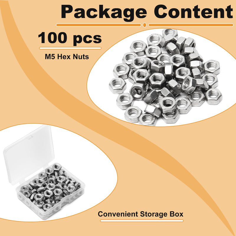 100pcs M5-0.8 Hex Nut, 304 Stainless Steel, M5 x 0.8mm Tiny Nuts Fasteners, Hex Drive, Metric, Right Hand, Small Replacement Nut