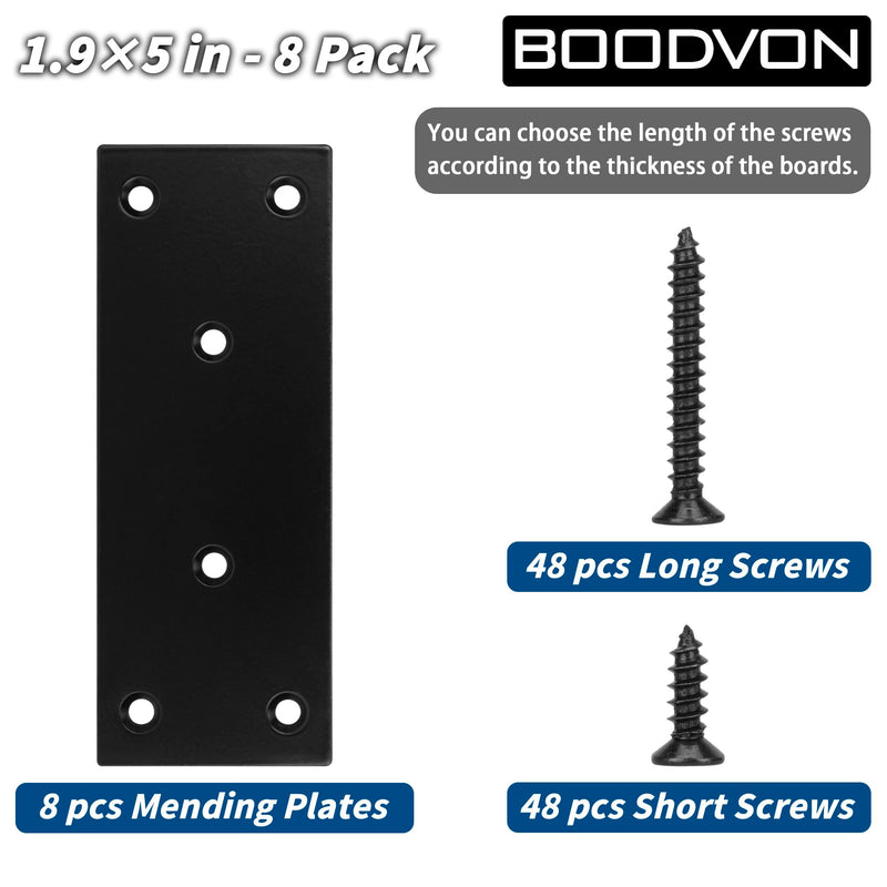 Mending Plate, Metal Steel Flat Straight Brace Bracket, Black Double-Wide Joining Plate for Wood Furniture Fastening & Fixing with 2 Sets of Screws of Different Lengths(48x128mm, 2 Pack) 1.9"×5"/48x128mm