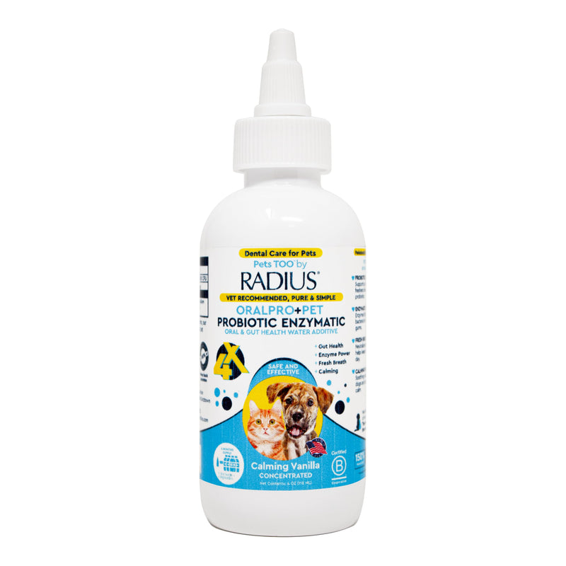 RADIUS OralPro+ Pet Probiotic Enzymatic Water Additive - Dog and Cat Dental Care Solution - Plaque & Tartar Defense Meal Supplement - Fresh Breath & Gut Health - Calming Vanilla, 4 Oz (Pack of1) Pack of 1 Clear