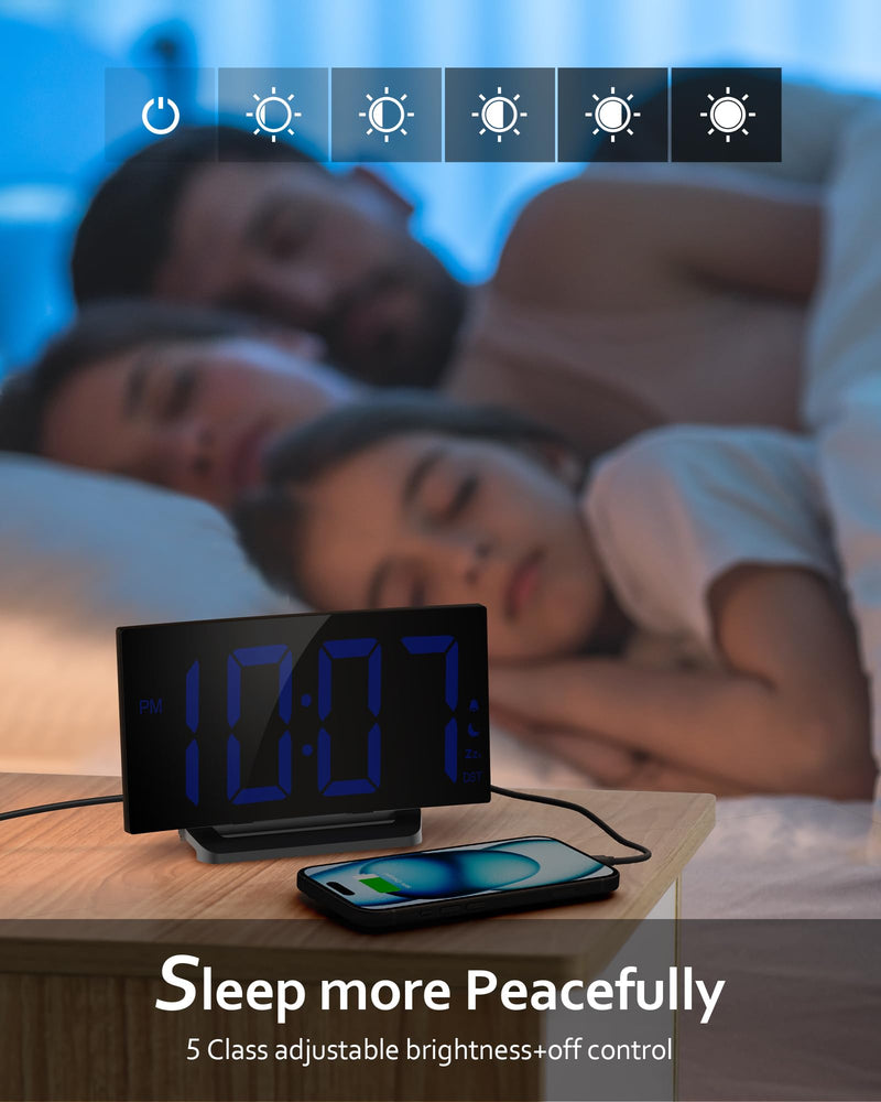 GOLOZA Upgraded Digital Alarm Clock for Bedrooms, Digital Clock with Customizable Night Mode, 5 Levels Brightness+Off, 2 Volume, 3 Alarm Tones, Snooze, USB Charging Port, Power-Off Memory, 12/24H/DST Dark Blue Digit