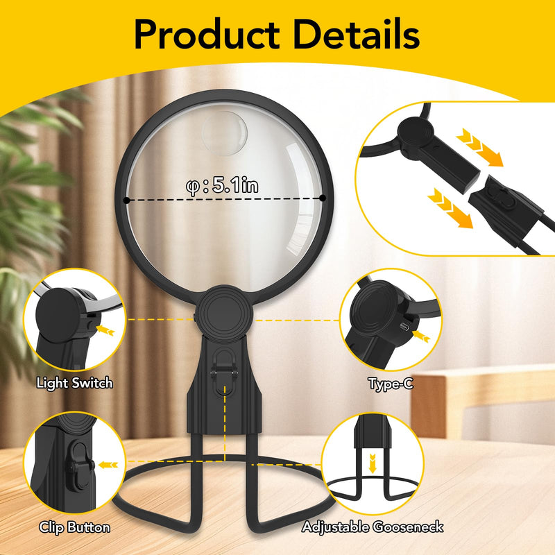 2500mAh Magnifying Glass with Light, 5X/10X Hands Free Magnifier for Reading, Sewing, Knitting, Cross Stitch & Crafts, Lighted Magnifier for Seniors & Low Vision 2500mah Long