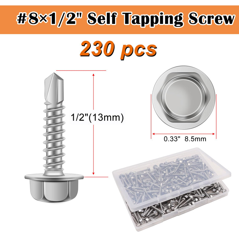 weideer 230pcs #8×1/2" Self Tapping Screws Sheet Metal Screws 410 Stainless Steel Hex Washer Head Self Drilling Screws Quick Tapping Screw with Screwdriver Bit K-132-13-230P-W #8×1/2"
