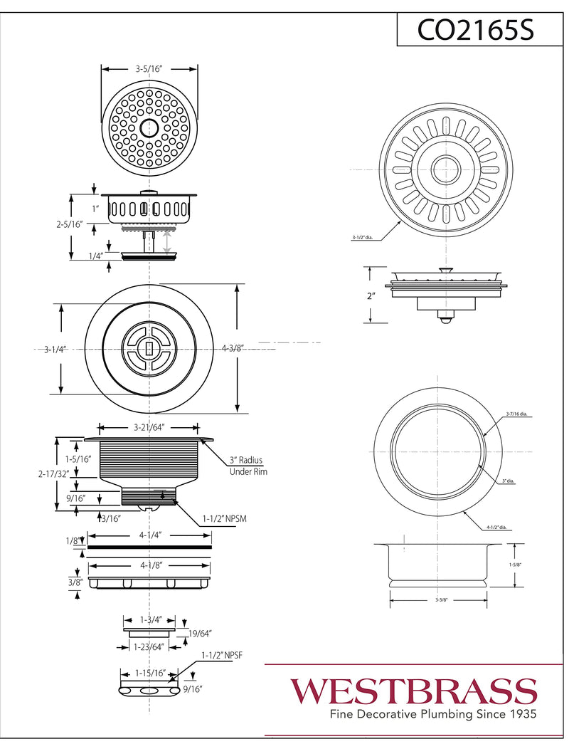 Westbrass CO2165S-20 COMBO PACK 3-1/2" Post Style Large Kitchen Sink Basket Strainer and Waste Disposal Drain Flange with Basket Strainer, Stainless Steel