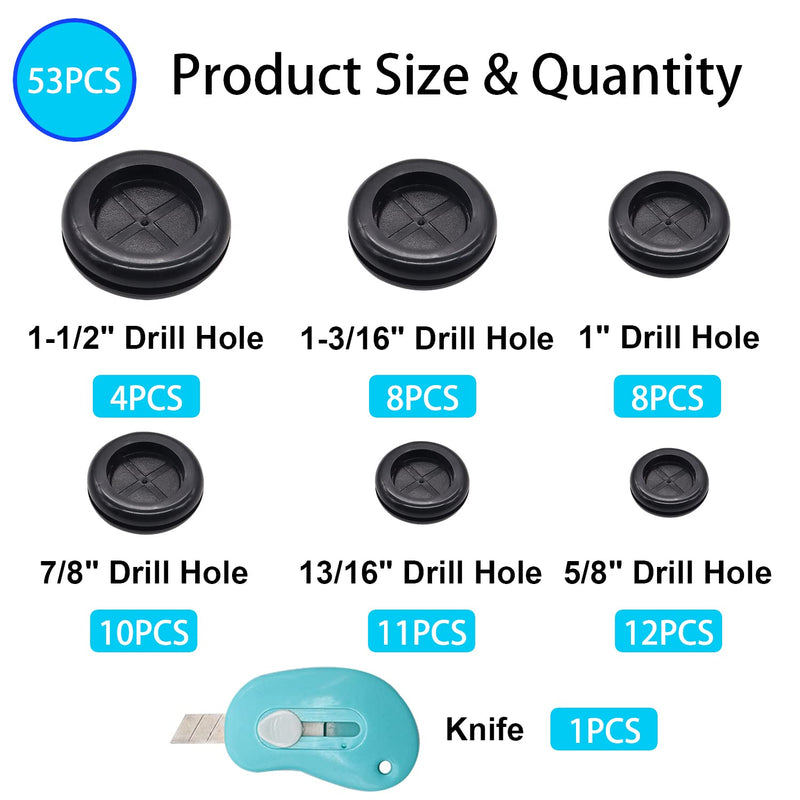 53PCS Rubber Grommets for Wiring, Rubber Grommet Kit in 6 Assorted Drill Hole Sizes 5/8" 13/16" 7/8" 1" 1-3/16" 1-1/2", Two-Sided Rubber Hole Plug for Protecting Wires