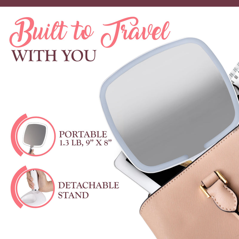 MIRRORVANA Lighted Travel Hand Mirror with Comfy Handle and Detachable Stand - Portable, Thin and Lightweight Design - Rechargeable with 3 LED Light Settings - 9" x 13" (White) White