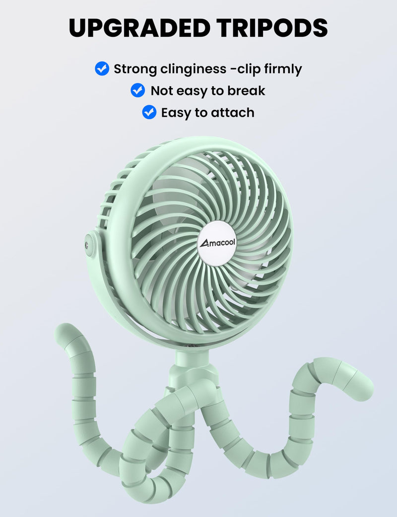 AMACOOL Baby Stroller Fan - 5000mAh Rechargeable, 3-Speed, Strong Yet Quiet, 360°Rotate Portable Clip on Fan for Travel, Car Seat, Crib, Bike, Treadmill, Beach Vacation Essentials Green