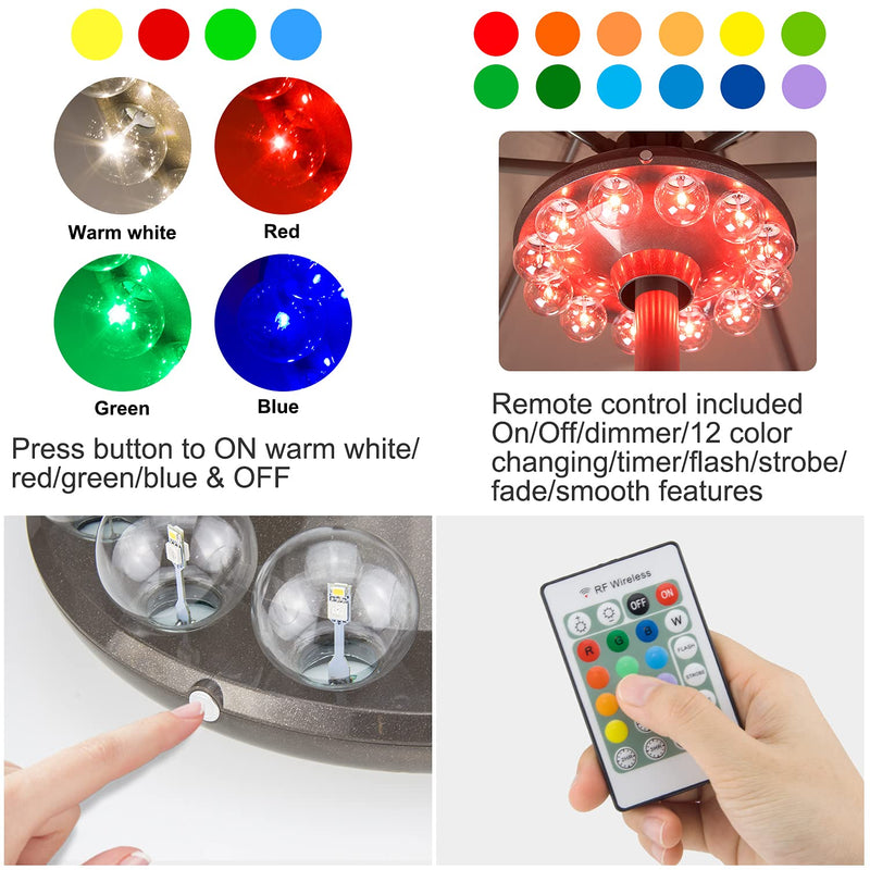 LUXSWAY Umbrella Lights Battery Operated,12 Color Changing Outdoor Patio Umbrella Light for Pole with 80Ft Remote,12 Clear Bulb 48 LEDs,4 Modes,4 Timer Option,Umbrella Hanging Light for Camping,BBQ A-Clear bulb