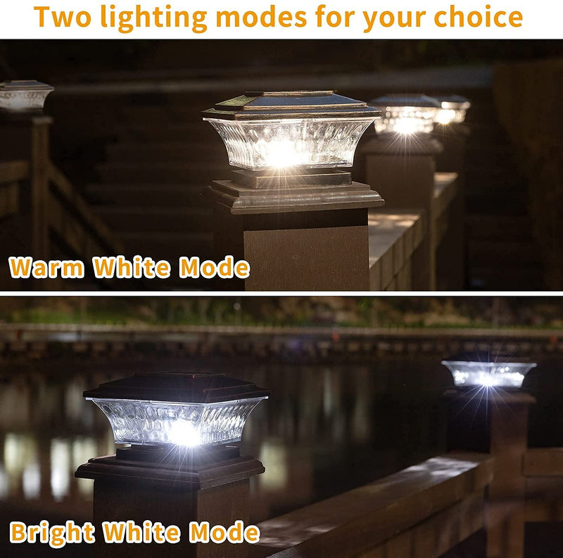 HUYIENO Solar Post Cap Lights Outdoor LED Lighting Deck Fence Cap Light Two Light Modes Warm White/Bright White Suitable for 4x4 Wooden Posts Brushed Copper 2PK