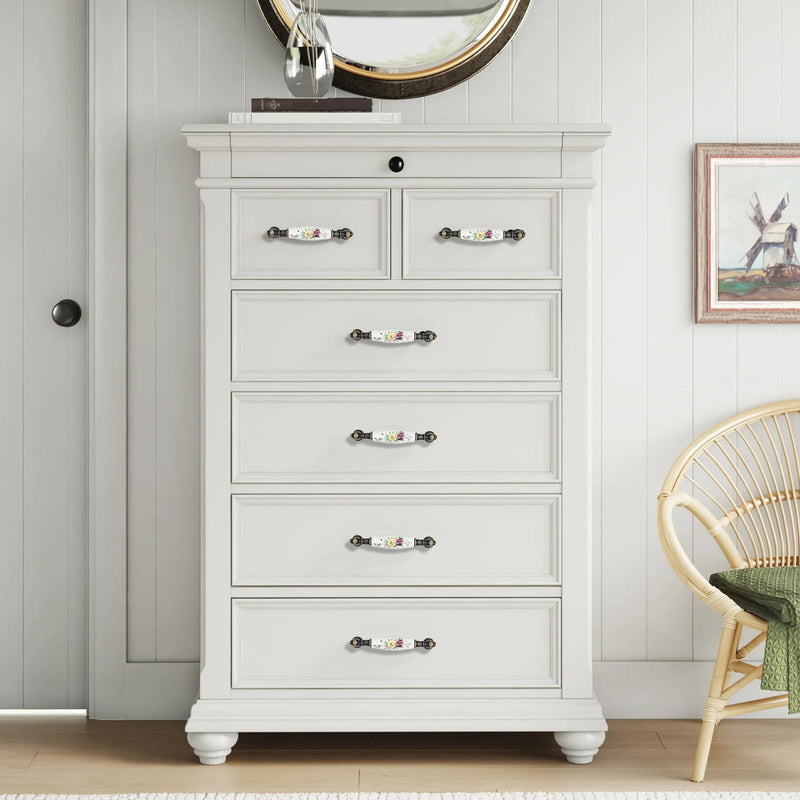 6pcs Floral Ceramic Cabinet Pulls 3.78" Holes Center to Center Drawer Pull Antique Flower Dresser Handles for Furniture Closet Wardrobe, with Screws Double Hole, 3.78"