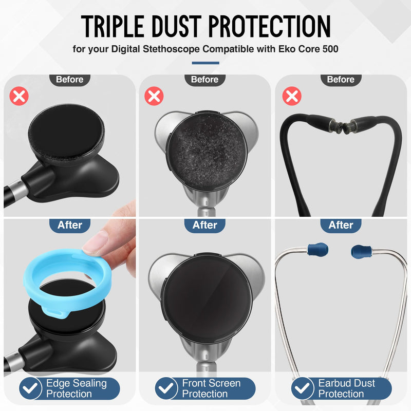 All in One Protection Kit Compatible with EKO Core 500, 3 Pcs 2.5D Tempered Glass Screen Protector 3 Digital Stethoscope Chestpiece Cover & 12 Silicon Ear Tip(Gradient Blue) Gradient Blue