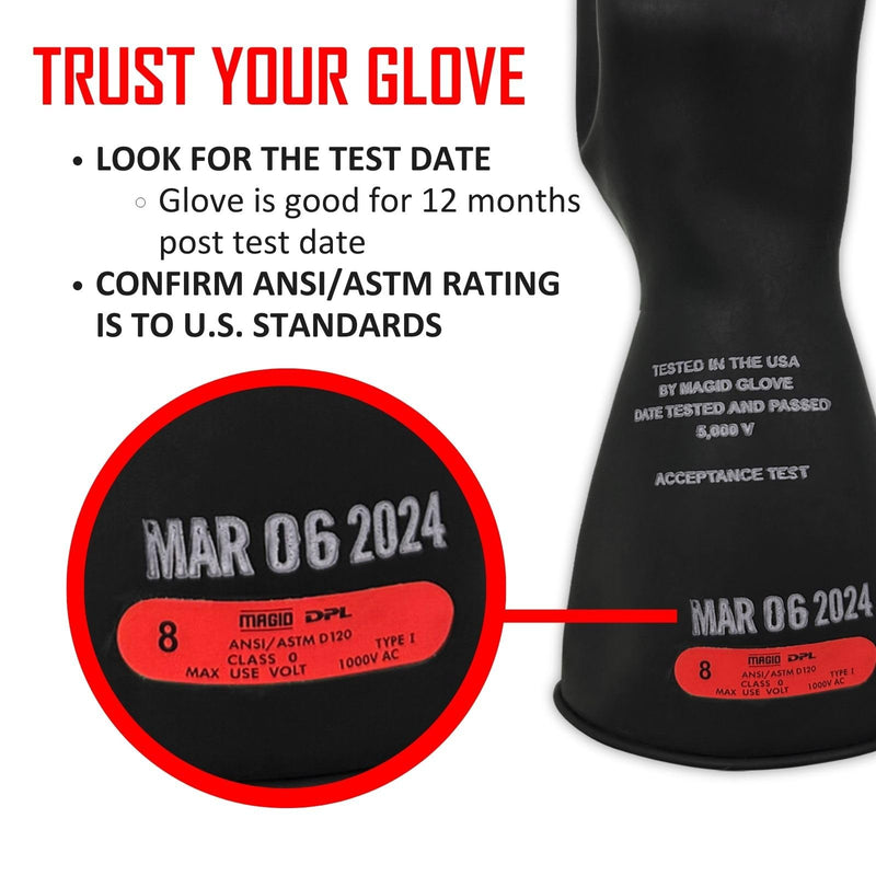 MAGID Rubber Insulating Electrical Safety Gloves, Class 0 ASTM Compliant 1 Pair Size 9 | Cuff Length - 11" Black