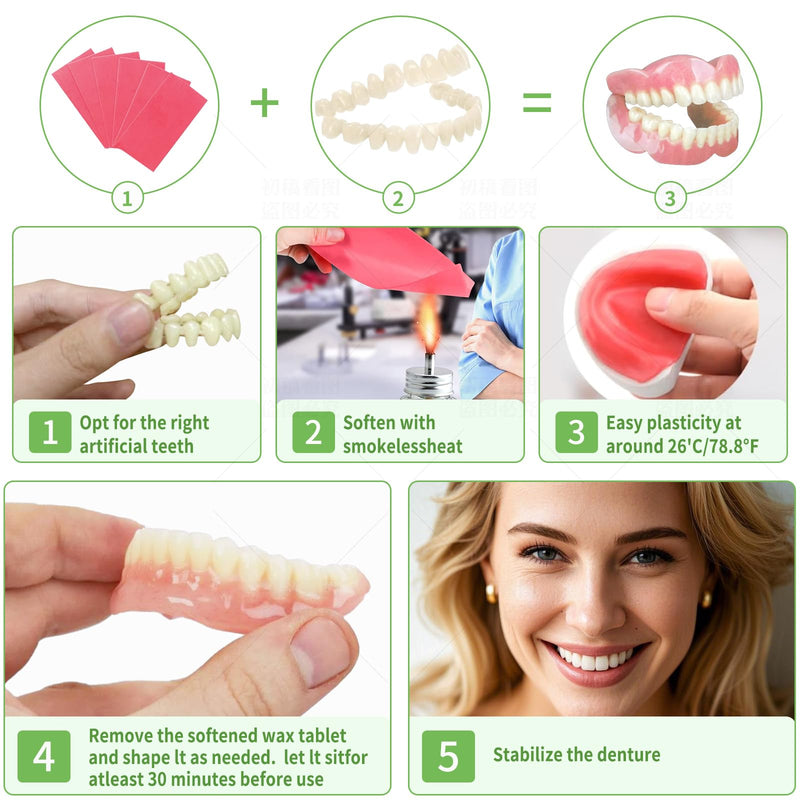 DIY Denture Kit - Top & Bottom Fake Teeth with Comfort Fit for Everyday Use, Natural-Looking Emergency Replacement Solution (Universal Sizing)-TT01 Green