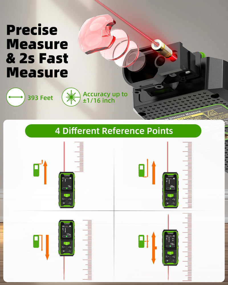 Huepar Professional Dual Laser Measuring Tool 393ft, Rechargeable Bilateral Laser Measurement Tool Backlit LCD, Digital Laser Distance Measure 6 Units, Multi Mode Length/Area/Volume/Angle Sensor