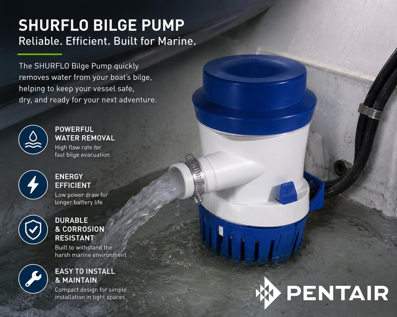 PENTAIR SHURFLO 355-010-10 Marine Bilge Pump, 500 GPH Submersible Marine Pump, Anti-Airlock, ABS Housing, Nylon Impeller, Ignition Protected, 12V DC, CE Certified