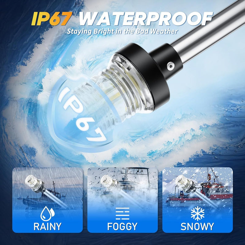 12IN Boat Anchor Light LED Stern Lights Waterproof IP67 White Fold Down Marine Navigation Lights for Jon Boat,Bass Boats and Fishing Boats (12-24V)