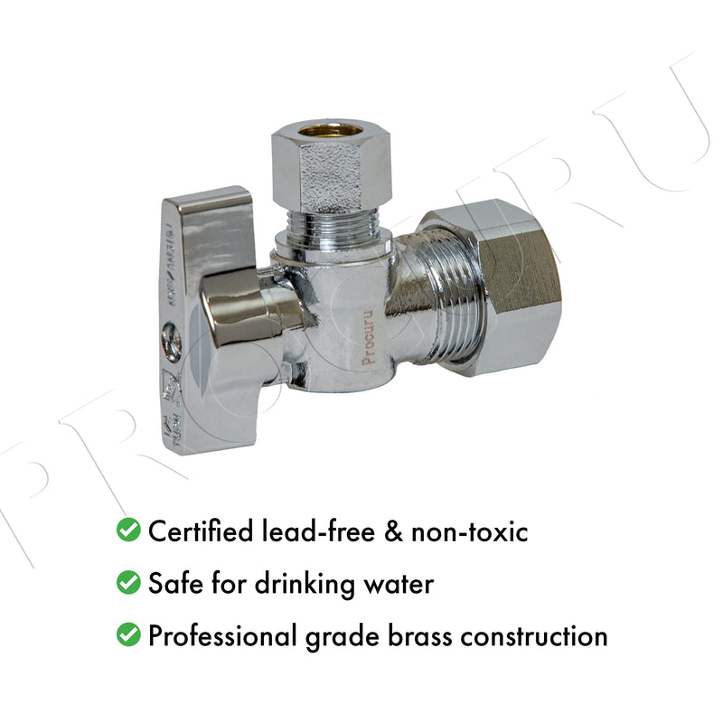 [10-Pack] PROCURU Heavy Duty Angle Stop Valve 1/2" Nominal (5/8" OD) Compression x 3/8" OD, 1/4-Turn Operation (PCAS12-10P) 10