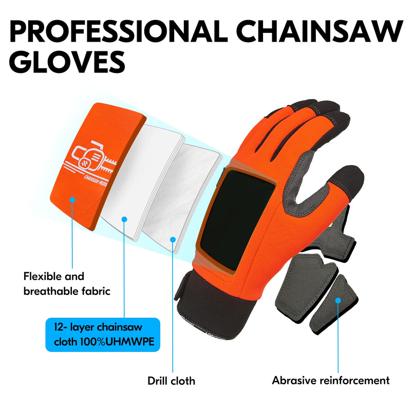 Vgo... Chainsaw Cut Resistant Gloves,Level A5,12-Layer Protection on Both Hands Back,Cow Leather Medium(1 Pair) Orange -Chainsaw Protection &Cut Resistance