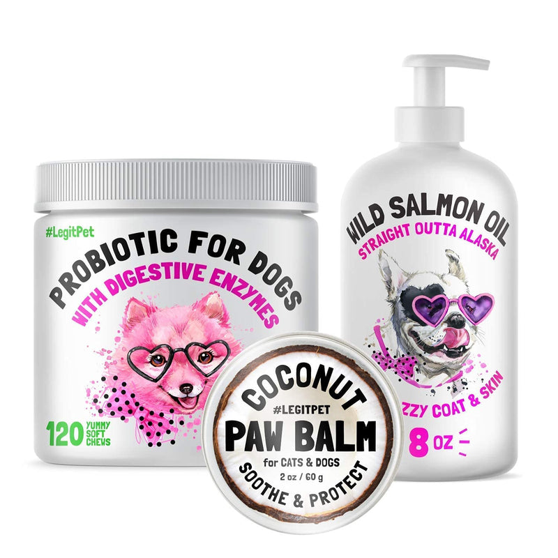 LEGITPET Probiotics for Dogs with Natural Digestive Enzymes 120 Soft Chews and Wild Alaskan Salmon Oil for Dogs & Cats 8 oz and Paw Balm Wax Soother & Moisturizer Cream with Coconut Oil 2oz Bundle