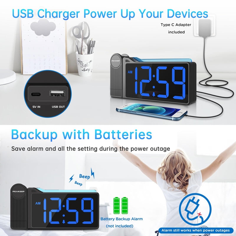 Peakeep Projection Alarm Clock for Bedroom Ceiling 180° Rotatable, Loud for Heavy Sleepers, Colorful Nightlight, 5 Brightness Dimmable Large Number Bedside Electric LED Digital Clock with USB Port Blue Digits; Blue Projection