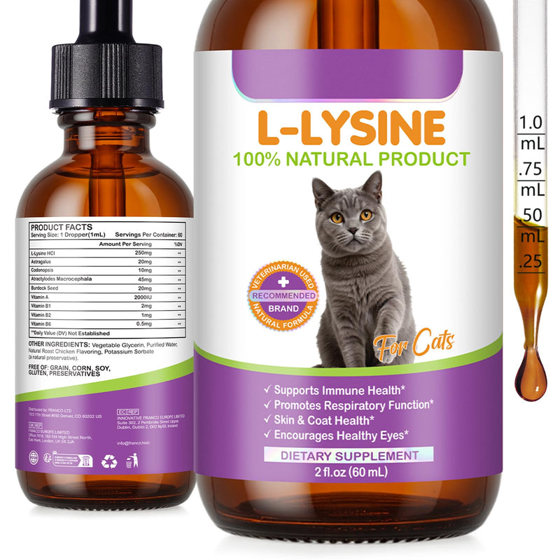 L-Lysine Drops for Cats, Lysine Supplement for Cats, Support Immune System, Respiratory Health & Eyes Function, Skin & Coat Health, Pets Health Supplies Cat Multivitamins, Chicken Flavor - 2 fl.oz