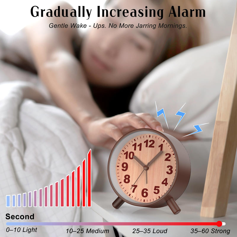 Retro Analog Alarm Clock with Night Light, Battery Operated, Easy to Set - Ascending Alarm, Snooze, Simple Round Metal Design for Bedroom, Desk, Bedside, Travel, Kids, Adults, Heavy Sleepers Brown