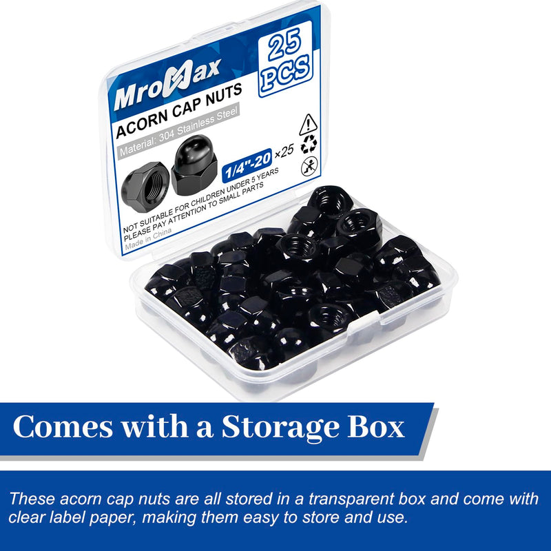 1/4"-20 Black Acorn Cap Nuts, 25Pcs Acorn Nuts, 304 Stainless Steel(18-8) Crown Cap Nuts for Bolt, Dome Head Hex Nuts for Indoor Outdoor, Bright Finish, 7/16 in Hex Wd 1/4"-20 (25Pcs)