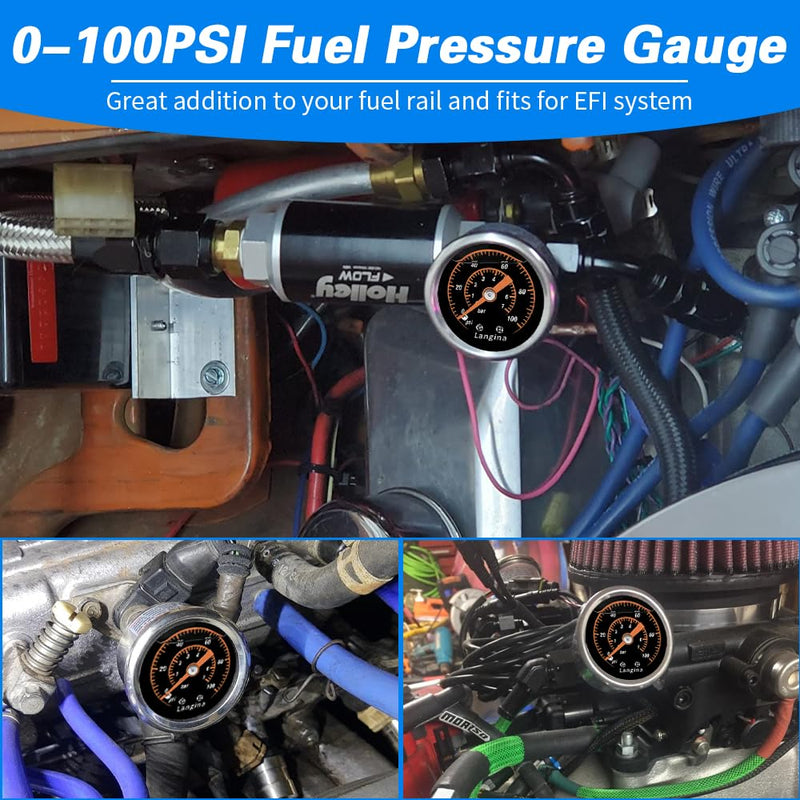 0-100Psi Fuel Pressure Gauge, 1/8" NPT Fuel Pressure Gauge, Back Mount, Glycerin Filled Pressure Gauge with Dual use 5/16" Barb(8mm) to 3/8"(10mm) Barb Hose Fitting