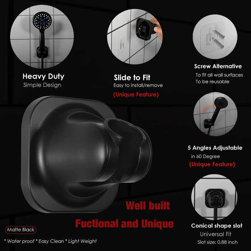 Handheld Shower Head Holder - 5 Positions Adjustable - Slide to Fit - Adhesive Mount with Screw Option, Bathroom Wall Mount Shower Hose Holder (Matte Black) Matte Black
