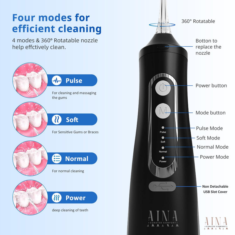 AINA All-in-1 Water Flosser Cordless & Electric Toothbrush - Braces Flossers with 6 Jet Tips, 310ml Large Tank | 4 Modes Rechargeable Electric Water Flosser - IPX7 Waterproof Portable Oral Irrigator Dental Flosser