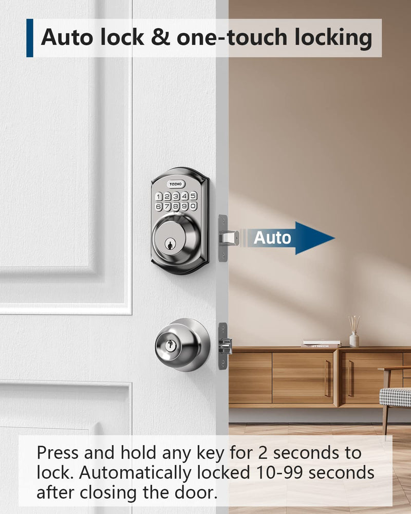 TEEHO TE001 Keyless Entry Door Lock with Keypad - Smart Deadbolt Lock for Front Door with 2 Keys - Auto Lock - Easy Installation - Satin Nickel Traditional
