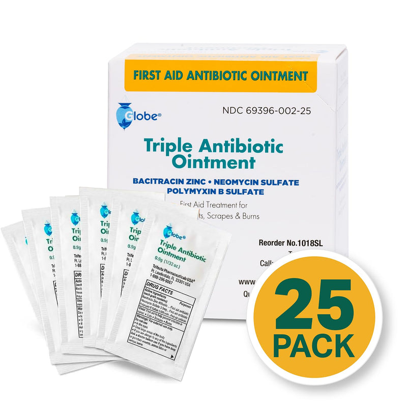 Globe (25 Pack Triple Antibiotic Ointment Single Packet, First Aid Kit for Minor Scratches, Wounds, Cuts, and Burns, Prevents Infection, Active Ingredients Compare to Leading Brand, Travel Size, 0.9g
