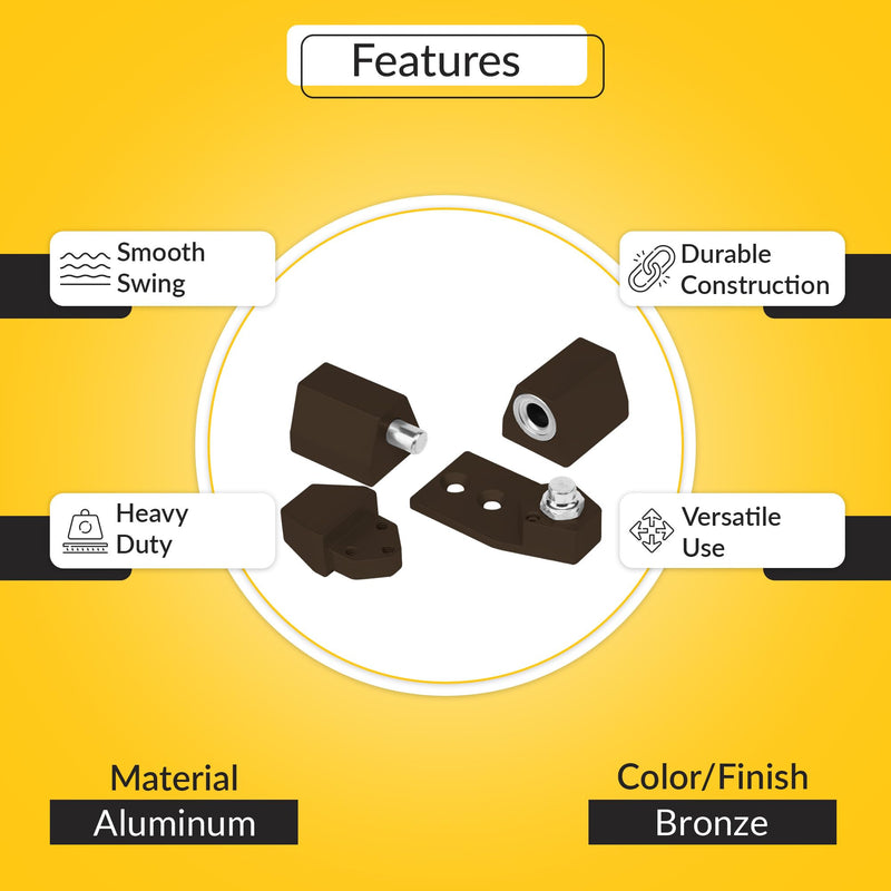 Brixwell Offset Pivot Set, Aluminum Material with Bronze Finish, for 1/8" Recessed Doors, Includes Screws, Non-Handed Design, 2-1/16" Top Pivot, 3" Bottom Pivot with 3/4" Hole Spacing