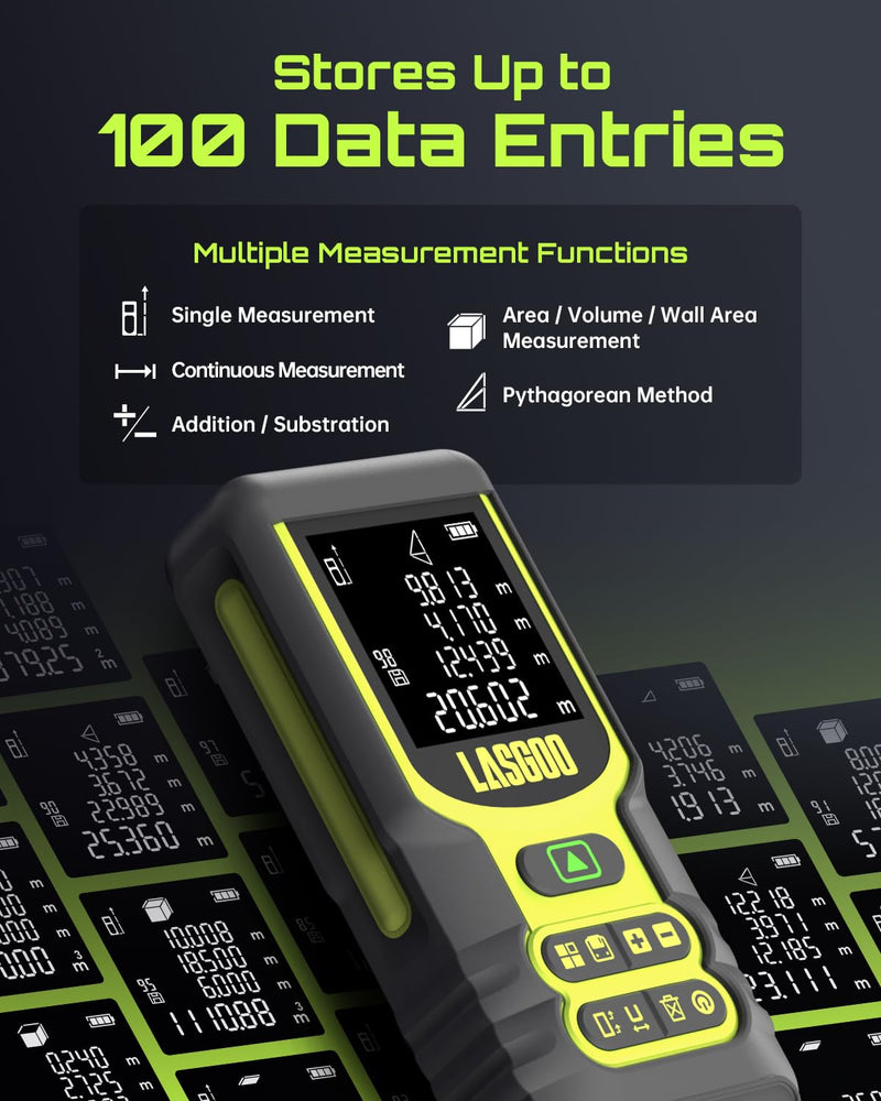 Laser Measure, LASGOO 60m/197ft Laser Measurement Tool, Laser Distance Meter with Ft/in/M Multiple Units, LCD Backlit Display, Pythagorean Mode, Area and Volume, Battery Included