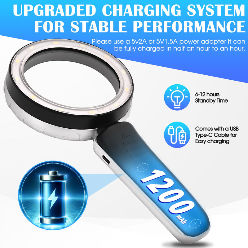 45X Magnifying Glass with Light, 4.6-Inch 1200mAh USB Rechargeable, 6 Color Modes for Low Vision Seniors, Reading, Jewelry & Coin Appraisal - Black Silver Black-silver