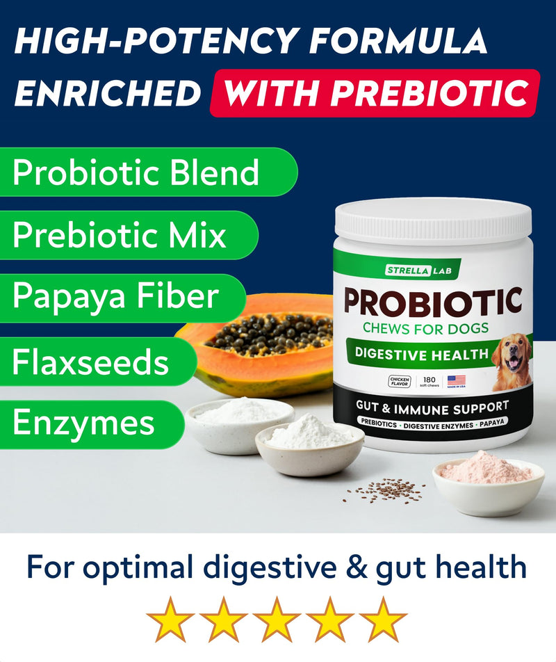 STRELLALAB Dog Probiotics Chews for Gut Support & Digestive Health with Enzymes - Anti Diarrhea and Upset Stomach Immune Supplement - Digestion Treats with Fiber and Prebiotics (180Ct, Chicken) 180Ct (Chicken) Probiotic Chews