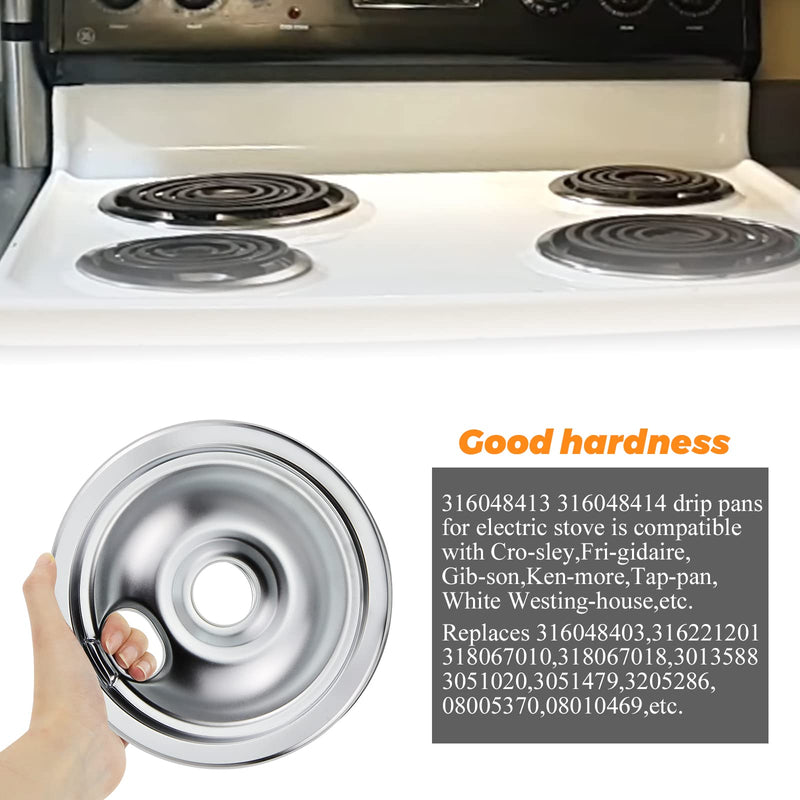 316048413 316048414 Electric Stove Burner Drip Pans by Blutoget - Fit for Frigidaire Ken-more Electric Range Top with Locking Slots- Includes 2 6-Inch and 2 8-Inch Pans,Silver(Chrome Plated Steel)