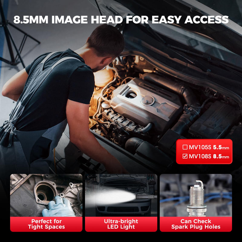 Autel MV108S 1080P HD Inspection Camera, 8.5mm Probe Wide-Angle Borescope, IP67 Waterproof USB Endoscope Snake Camera with LED Lights & 3.3ft Cable, Upgrade of MV108 MV105, for Autel Scanner & PC