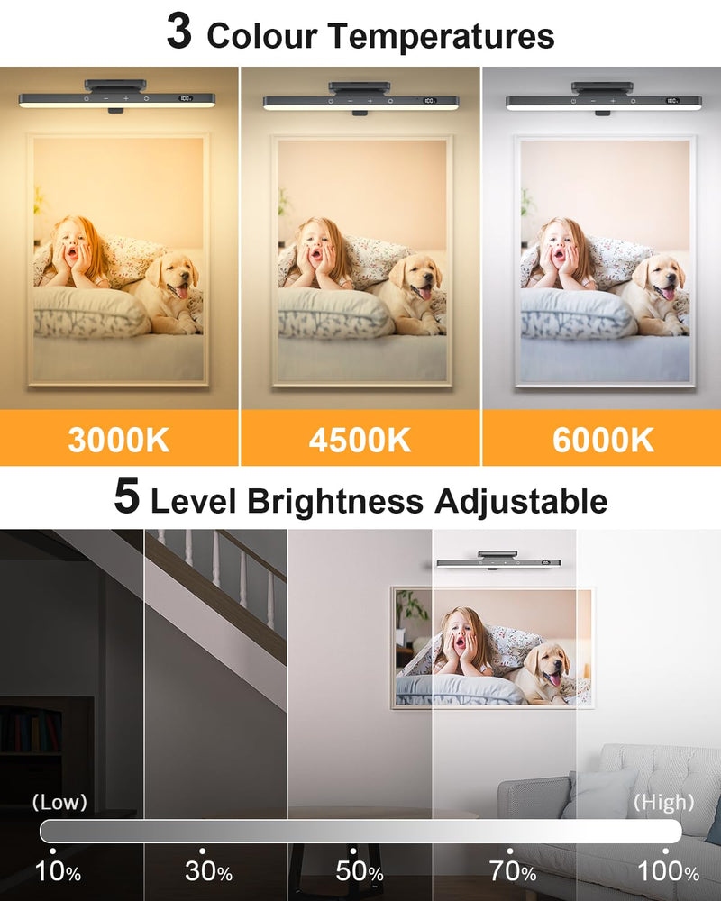 WILLED 3W Picture Lights for Wall, Rechargeable Battery Operated Picture Light, Wireless Wall Light with Remote, Dimmable & Timer Art Lighting for Paintings Wireless, Magnetic Gallery Light, Black