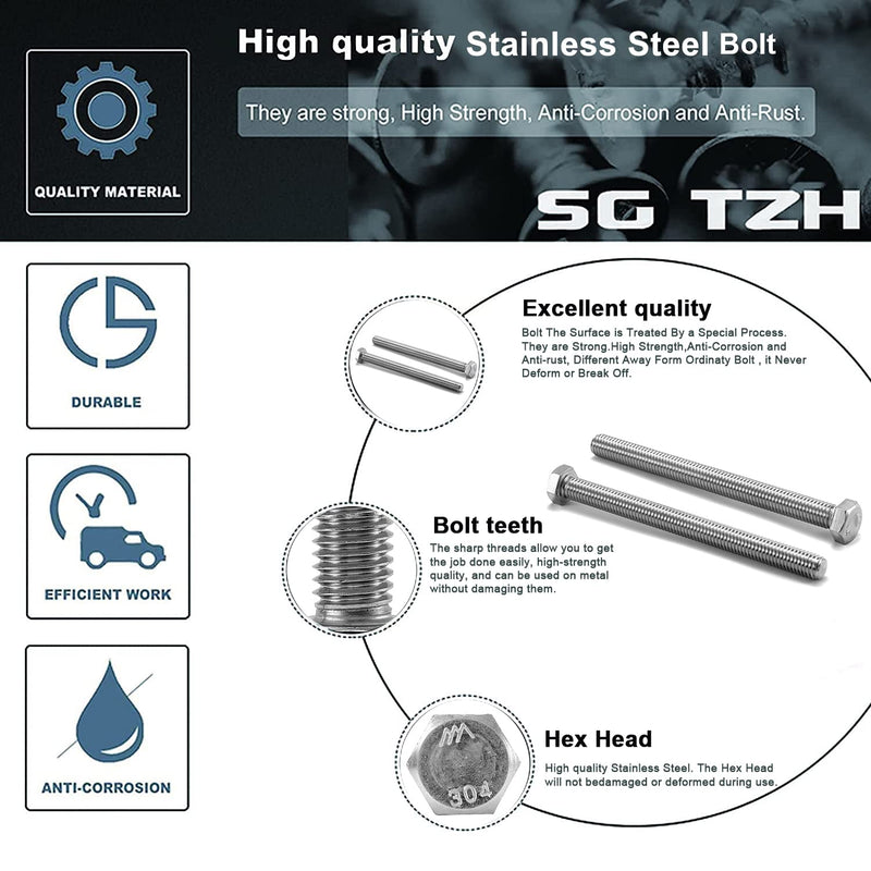 1/4-20 x 1 Hex Head Screw Bolt, 20Pcs 18-8 (304) Stainless Steel, Fully Threaded, Plain Finish, by SG TZH 20 1/4-20 x 1"
