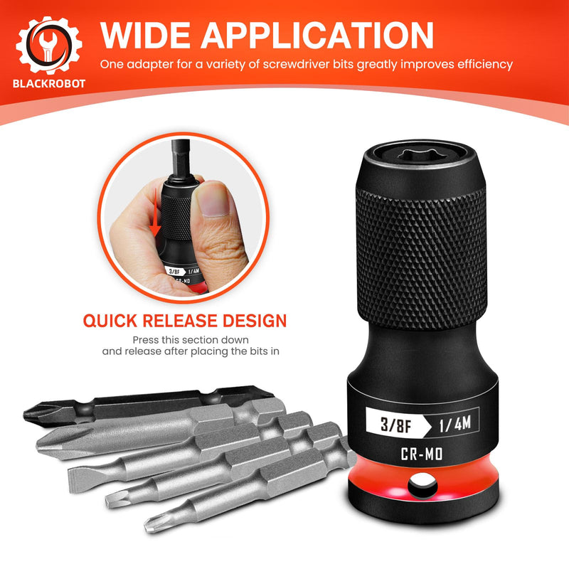 Quick Release Impact Bit Holders 3/8-Inch Square Drive to 1/4-Inch Hex Socket Adapter, CR-MO Steel, Red 3/8 Impact Bit Holder-1