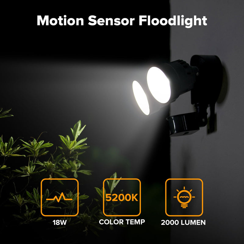 LUTEC Shrimp P6221B-PIR24 2000 Lumen 18 Watt 26 LED Motion Activated Integrated Dual-Head Floodlight Outdoor, IP54 Waterproof Exterior Security Wall Light for Patio, Garden, Yard-Black Black 1 Pack