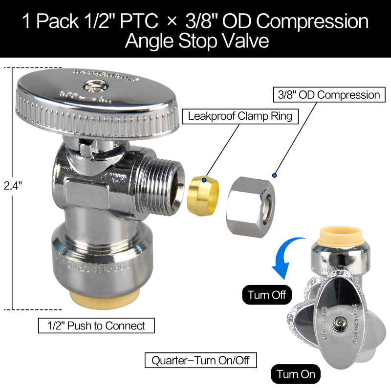1/2/5/10/20pcs Stop Valves, 1/2" × 3/8" Angle Stop Valve, 1/2" PTC Input, 3/8" OD Compression Output, Push to Connect, 1/4 Turn, Chrome Plated Brass for Faucet, Toilet Valves, No Lead (2pcs Angle) 2×Angle