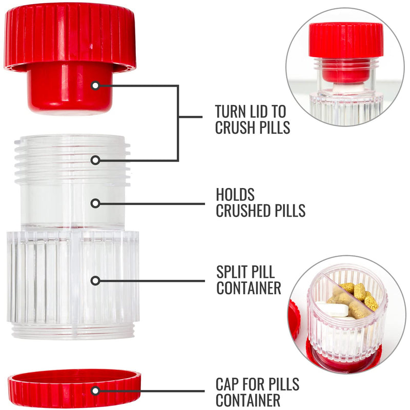 HealthSmart Pill Crusher and Grinder, Crushes Vitamins and Tablets, Holds Up to 2 Pills, With Ergonomic Grips, Red 1 Count (Pack of 1)