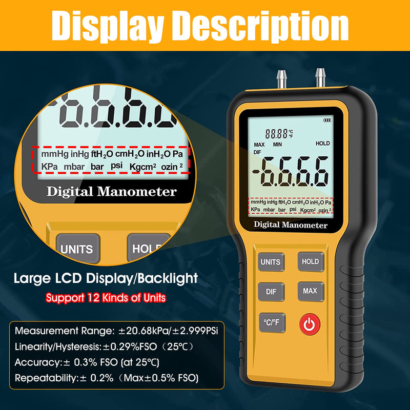 Manometer, Professional Air Pressure Meter, Dual-Port HVAC Digital Manometer Gas Pressure Tester,12 Selectable Units Differential Pressure Gauge