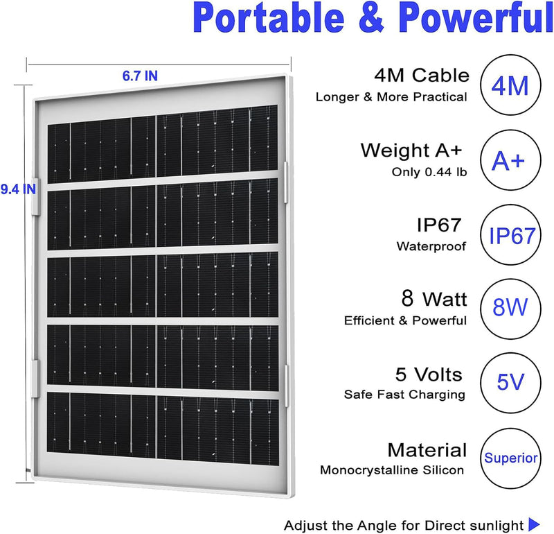 8W Solar Panel Charger for Outdoor Security Cameras, with Micro USB/USB-C and DC (35 x 135) Port, Fits Ring/Eufy/Wyze/Bird Feeder Camera, 13ft Cable, Fast Charging (1 Pack) 1 Pack