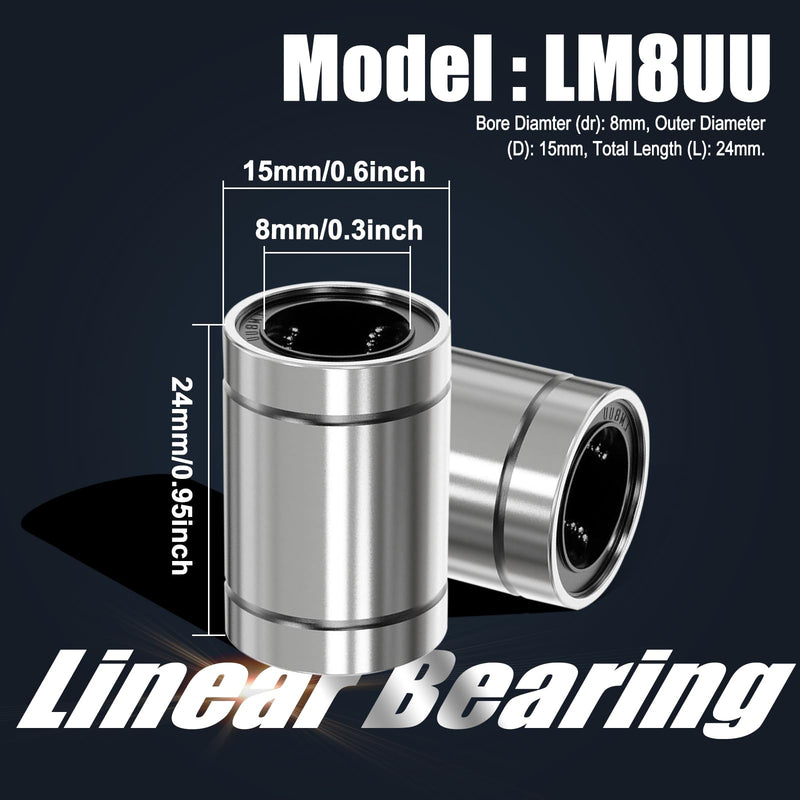 HNYYZL 12Pcs LM8UU Linear Ball Bearings: 8mm Bore, 15mm OD, 24mm Length, Double Rubber Seals – Ideal for CNC and 3D Printer Applications
