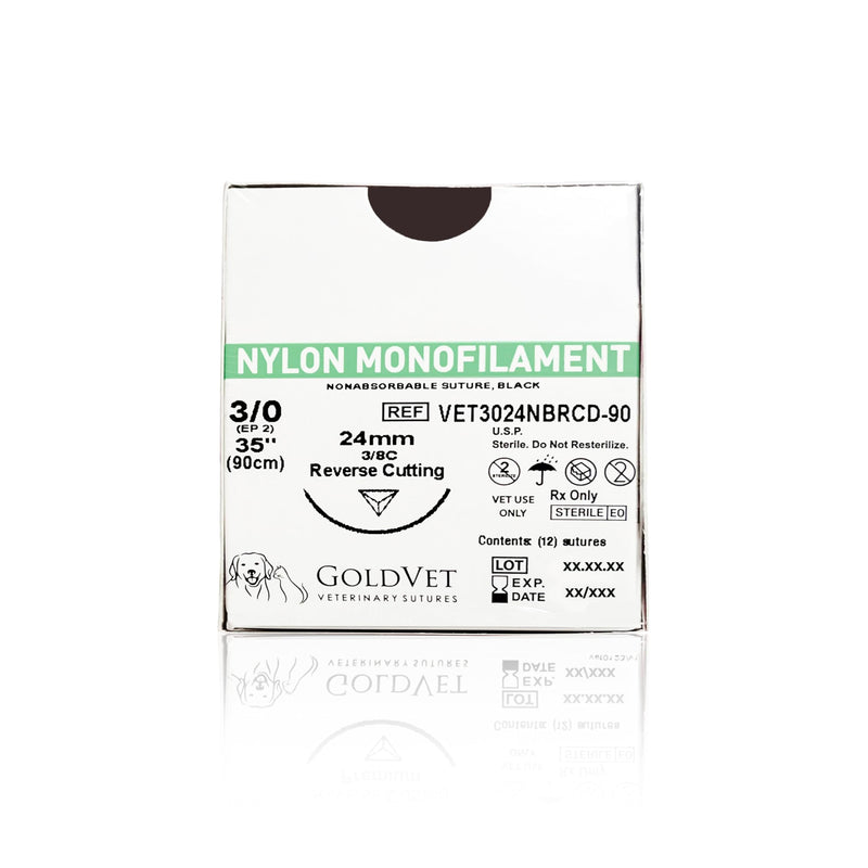 Nylon Veterinary Suture 3-0, 3/8 Round 24mm Reverse Cutting Needle (Comparable to Ethilon), 35"