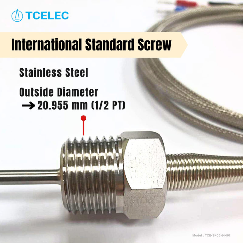 TCE-SK05H4-50 K Type Thermocouple Probe for Furnace Oven Meet The 1/2 PT Screw Thread K-Type Input Instrument Thermocouple Thermometer Sensor Temperature Range from 77°F to 1112°F
